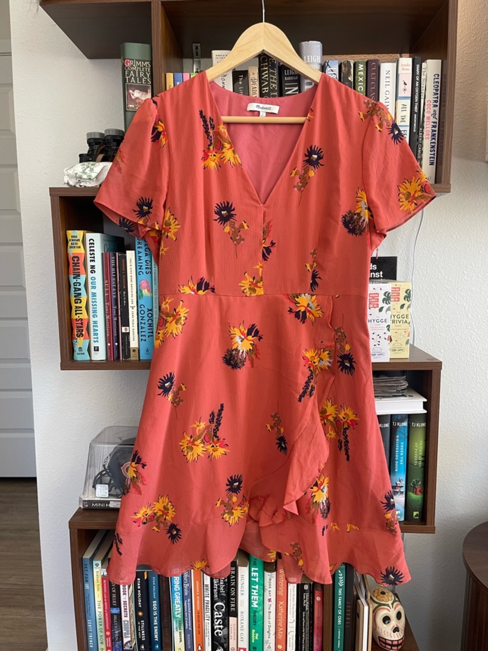 Madewell Floral Wrap Dress Size 6 Coral Orange Ruffle Mini V Neck Summer
